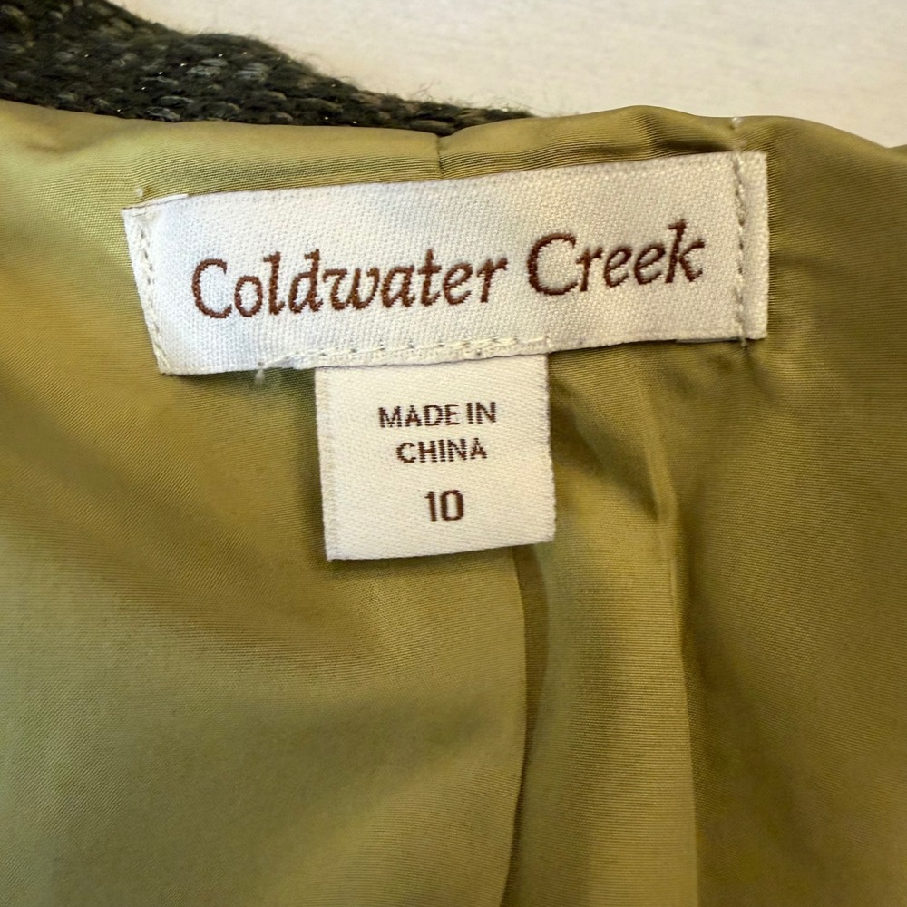 Coldwater Creek Blazer Women 10 Olive Green Tweed Peplum Crest Button Jacket - Picture 3 of 13